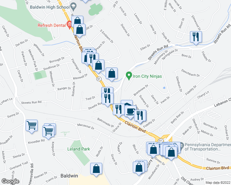 map of restaurants, bars, coffee shops, grocery stores, and more near 726 Streets Run Road in Pittsburgh
