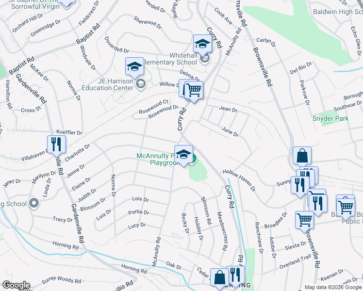 map of restaurants, bars, coffee shops, grocery stores, and more near 5111 McAnulty Road in Pittsburgh