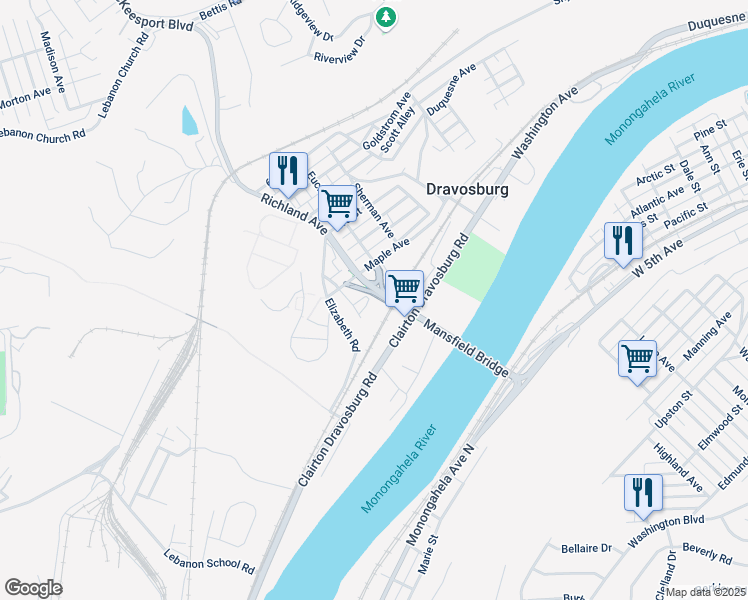 map of restaurants, bars, coffee shops, grocery stores, and more near 18 Beech Alley in Dravosburg