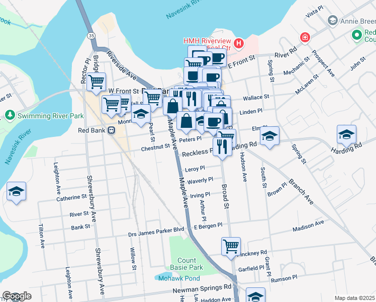 map of restaurants, bars, coffee shops, grocery stores, and more near 44 Reckless Place in Red Bank