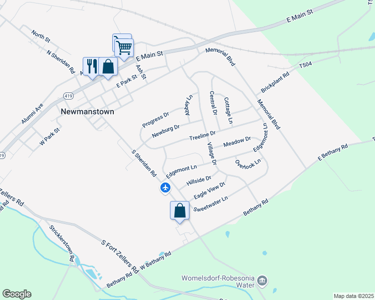 map of restaurants, bars, coffee shops, grocery stores, and more near 14 Evergreen Way in Newmanstown