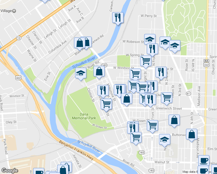 map of restaurants, bars, coffee shops, grocery stores, and more near 729 Gordon Street in Reading