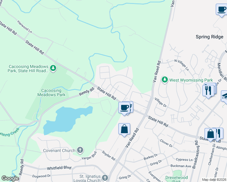 map of restaurants, bars, coffee shops, grocery stores, and more near 225 Springmont Drive in Wyomissing