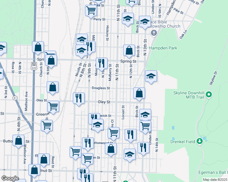 map of restaurants, bars, coffee shops, grocery stores, and more near 1040 Douglass Street in Reading