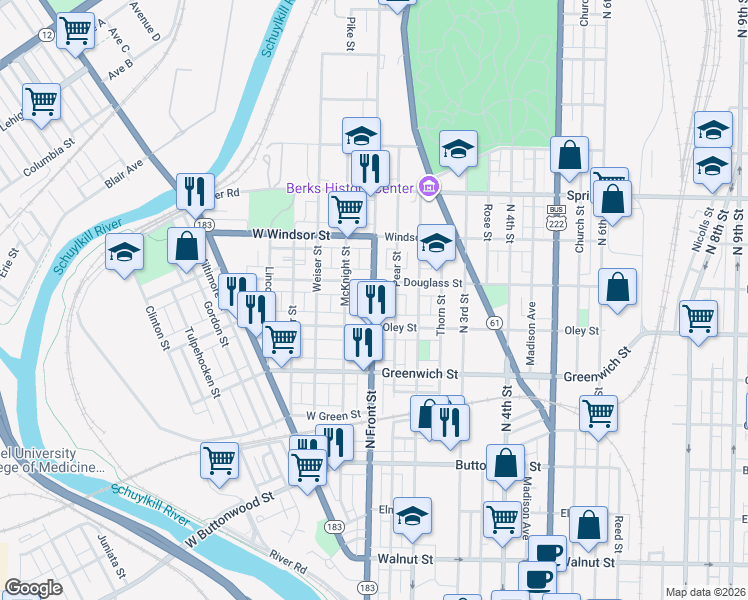 map of restaurants, bars, coffee shops, grocery stores, and more near 741R McKnight Street in Reading