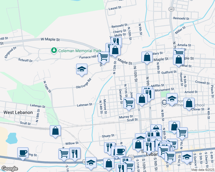 map of restaurants, bars, coffee shops, grocery stores, and more near 515 North 12th Street in Lebanon
