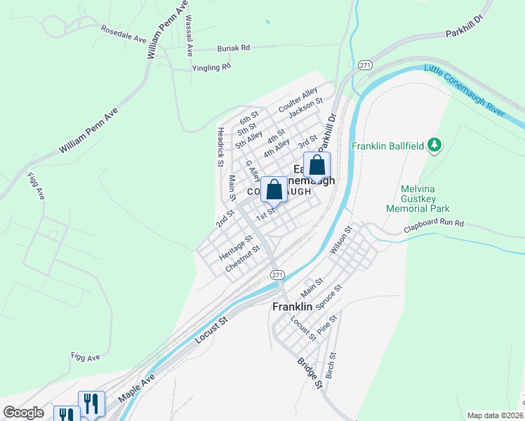 map of restaurants, bars, coffee shops, grocery stores, and more near 361 1st Street in Johnstown