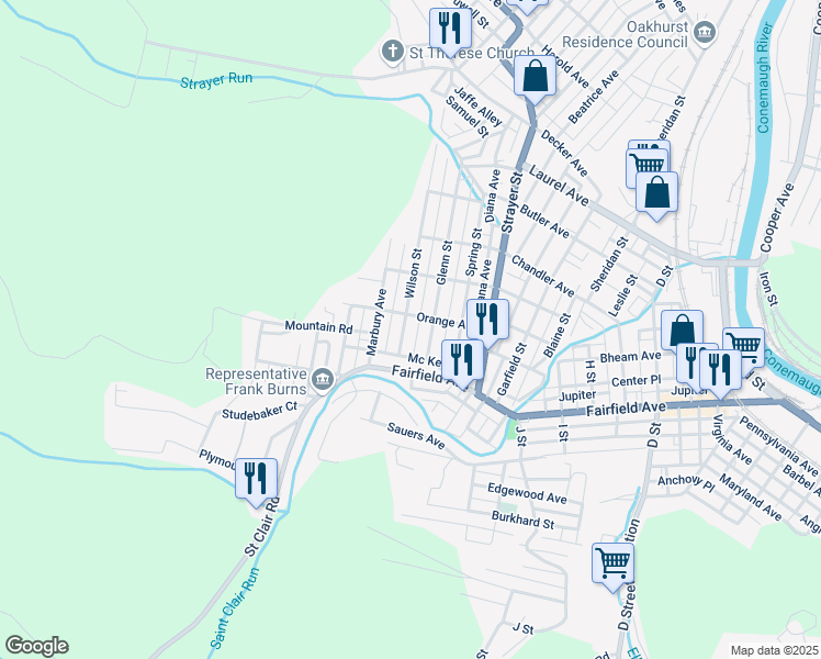 map of restaurants, bars, coffee shops, grocery stores, and more near 159 Glenn Street in Johnstown