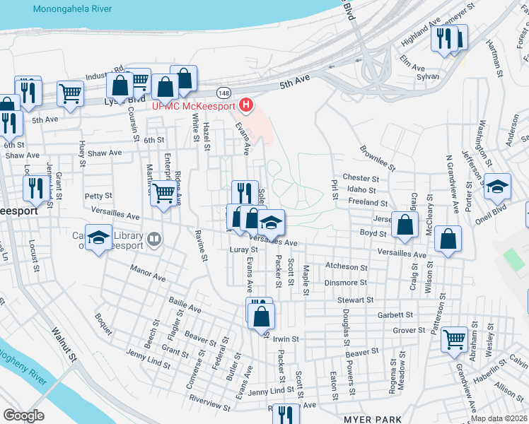 map of restaurants, bars, coffee shops, grocery stores, and more near 1011 Soles Street in McKeesport