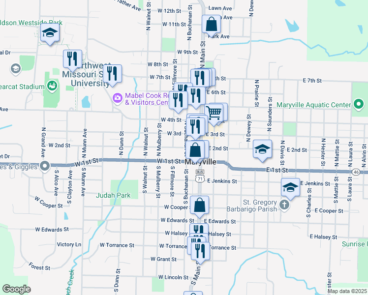 map of restaurants, bars, coffee shops, grocery stores, and more near 219 West 2nd Street in Maryville