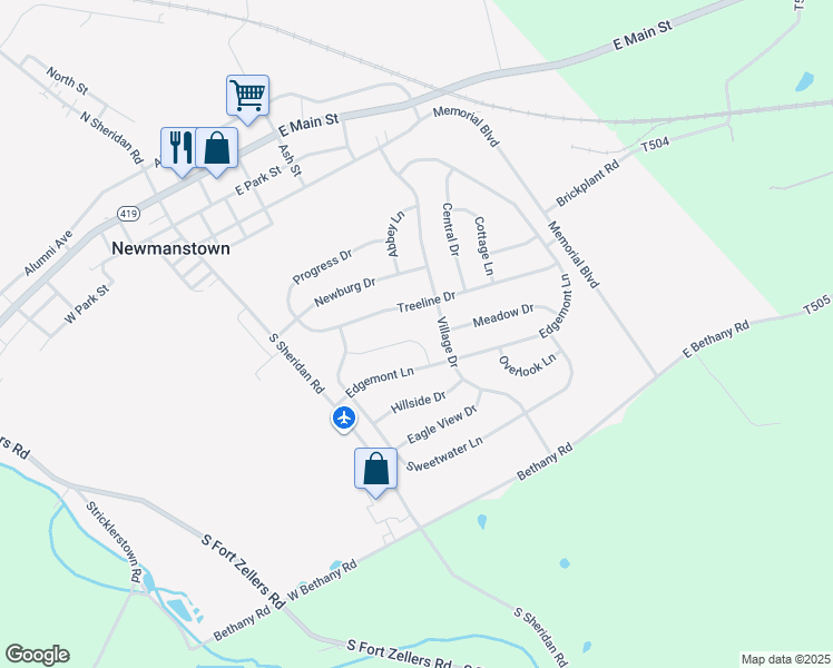 map of restaurants, bars, coffee shops, grocery stores, and more near 20 Evergreen Way in Newmanstown