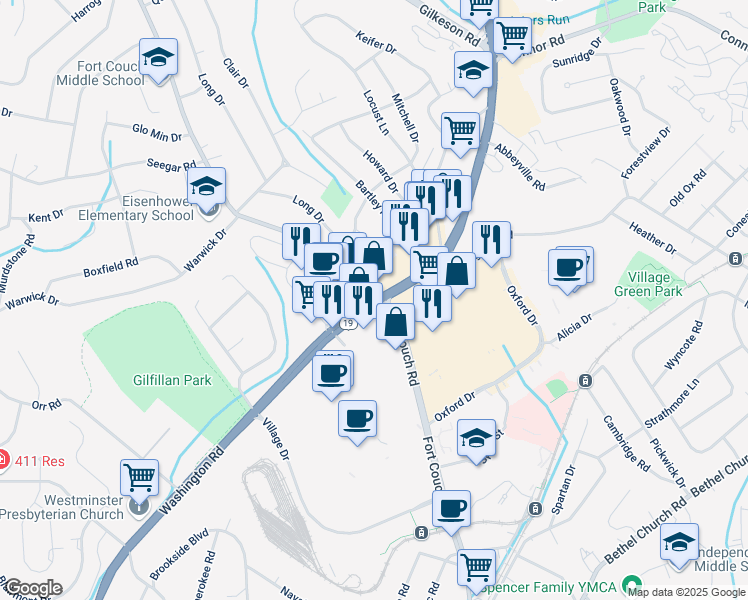 map of restaurants, bars, coffee shops, grocery stores, and more near 1800 Washington Road in Upper Saint Clair