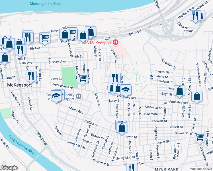 map of restaurants, bars, coffee shops, grocery stores, and more near 1006 Park St in McKeesport