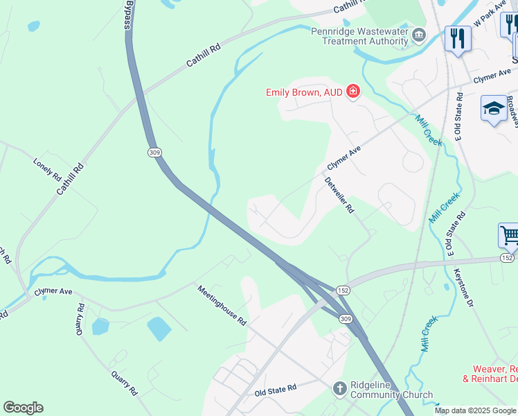 map of restaurants, bars, coffee shops, grocery stores, and more near 711 Clymer Avenue in Sellersville
