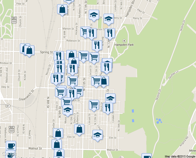 map of restaurants, bars, coffee shops, grocery stores, and more near 755 North 12th Street in Reading