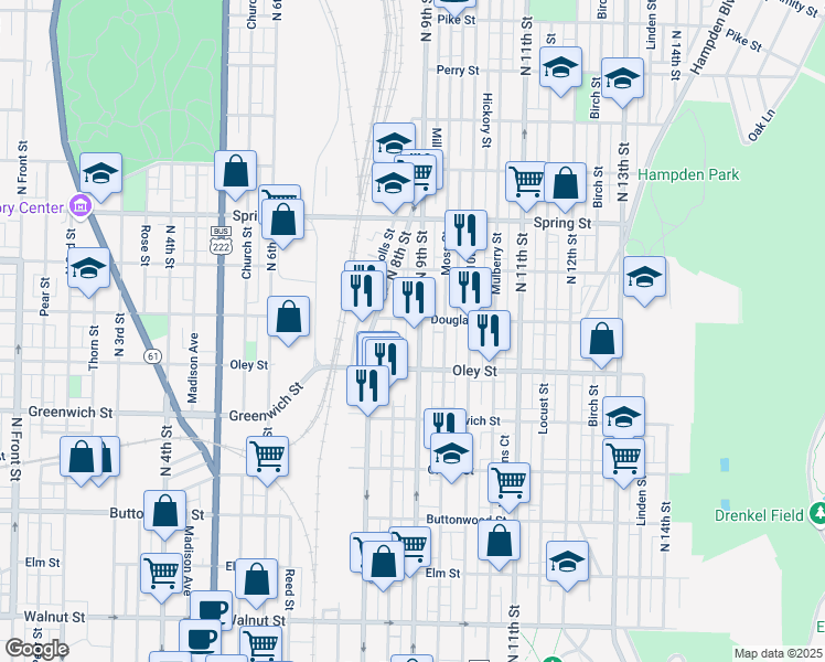 map of restaurants, bars, coffee shops, grocery stores, and more near 741 North 9th Street in Reading