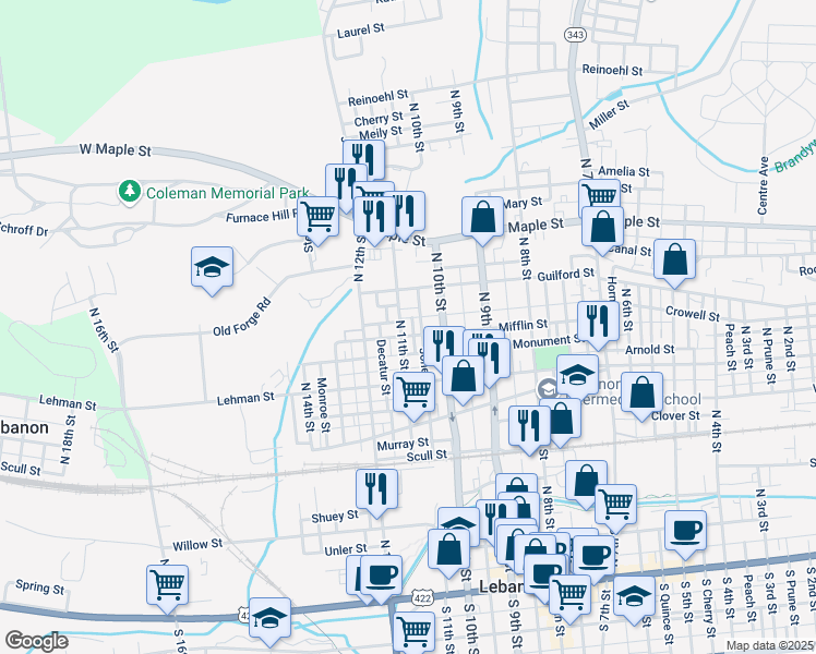 map of restaurants, bars, coffee shops, grocery stores, and more near 1109 Mifflin Street in Lebanon