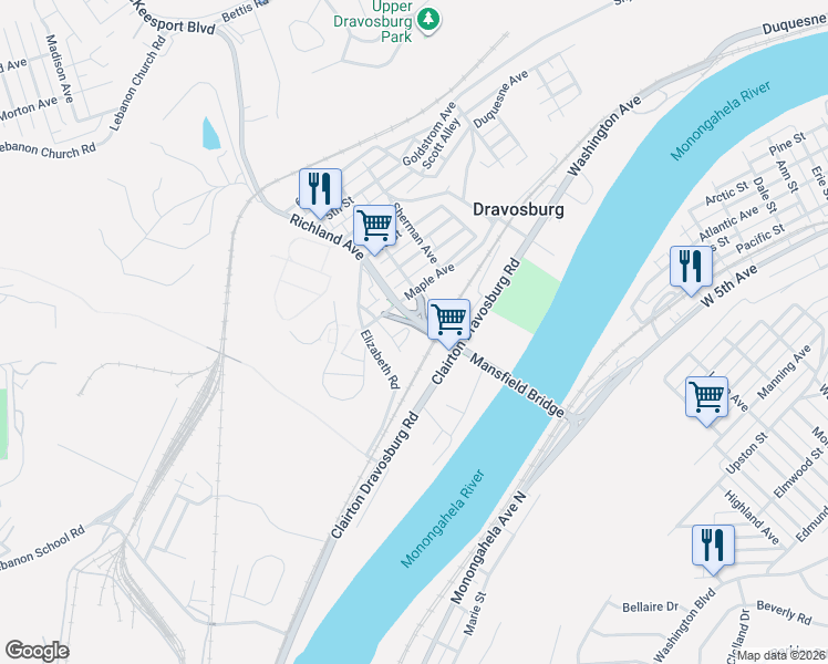 map of restaurants, bars, coffee shops, grocery stores, and more near 18 Beech Alley in Dravosburg