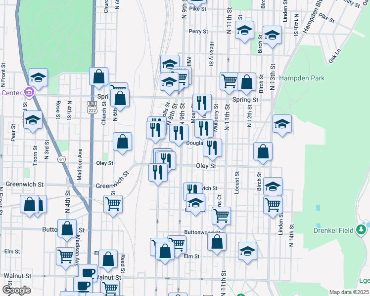 map of restaurants, bars, coffee shops, grocery stores, and more near 741 N 9th St in Reading