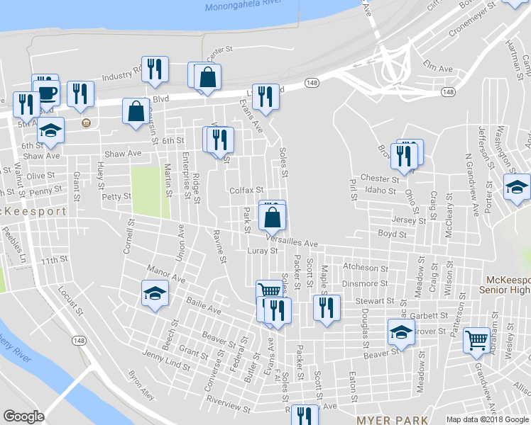 map of restaurants, bars, coffee shops, grocery stores, and more near 1006 Evans Avenue in McKeesport