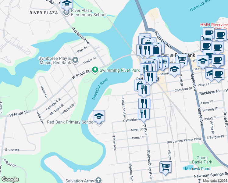 map of restaurants, bars, coffee shops, grocery stores, and more near 122 Locust Avenue in Red Bank