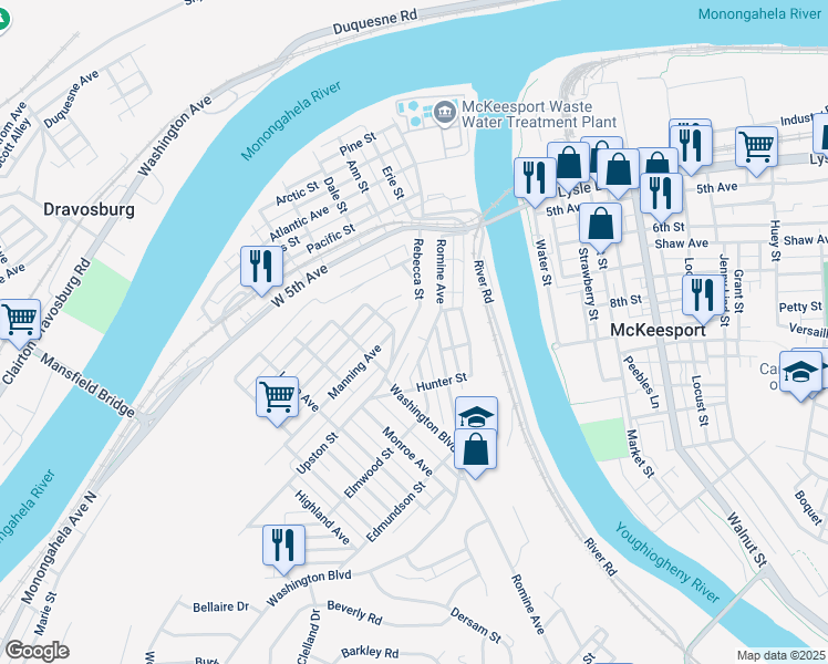map of restaurants, bars, coffee shops, grocery stores, and more near 893 Rebecca Street in McKeesport