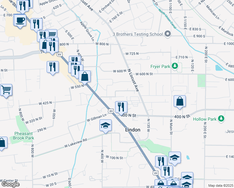 map of restaurants, bars, coffee shops, grocery stores, and more near 291 West 500 North in Lindon