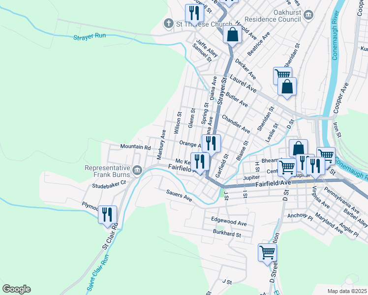 map of restaurants, bars, coffee shops, grocery stores, and more near 159 Glenn Street in Johnstown