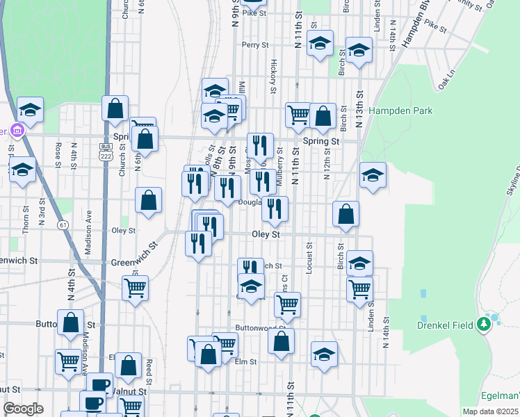 map of restaurants, bars, coffee shops, grocery stores, and more near 750 North 10th Street in Reading