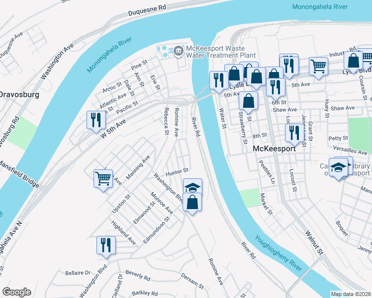 map of restaurants, bars, coffee shops, grocery stores, and more near 818 Arlington Street in McKeesport