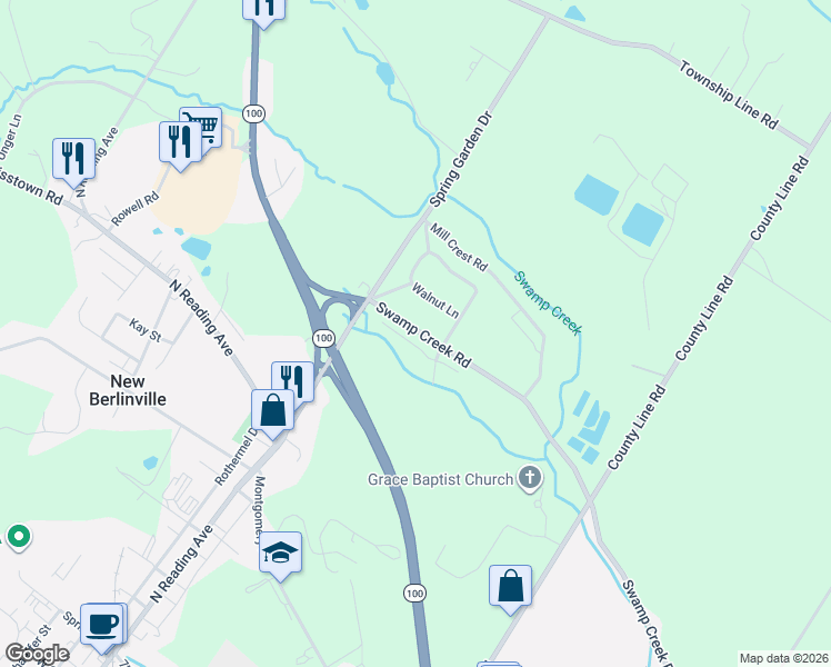 map of restaurants, bars, coffee shops, grocery stores, and more near 545 Swamp Creek Road in Bechtelsville