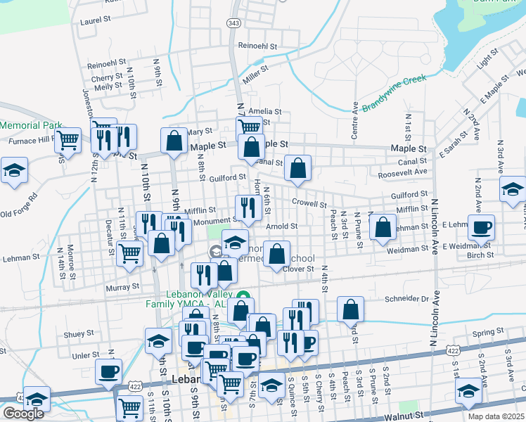 map of restaurants, bars, coffee shops, grocery stores, and more near 443 N 6th St in Lebanon