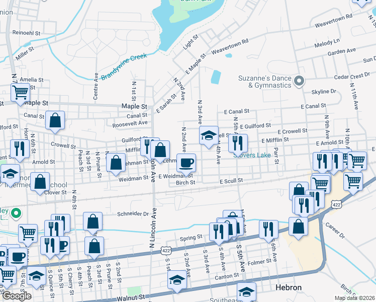 map of restaurants, bars, coffee shops, grocery stores, and more near 436 N 2nd Ave in Lebanon
