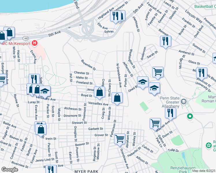 map of restaurants, bars, coffee shops, grocery stores, and more near 1004 McCleary Street in McKeesport