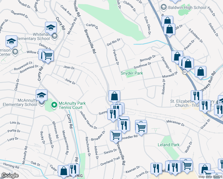 map of restaurants, bars, coffee shops, grocery stores, and more near 5073 Brownsville Road in Pittsburgh