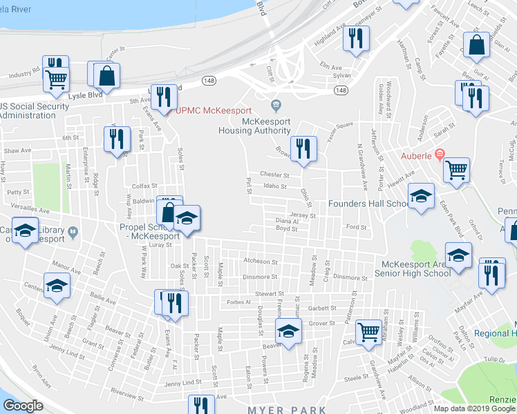 map of restaurants, bars, coffee shops, grocery stores, and more near 1026 Pirl St in McKeesport