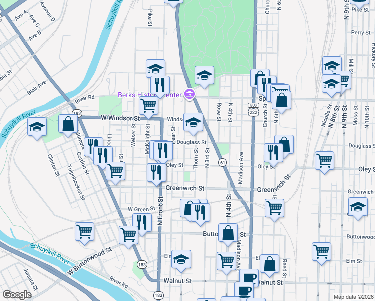map of restaurants, bars, coffee shops, grocery stores, and more near 739 North 2nd Street in Reading