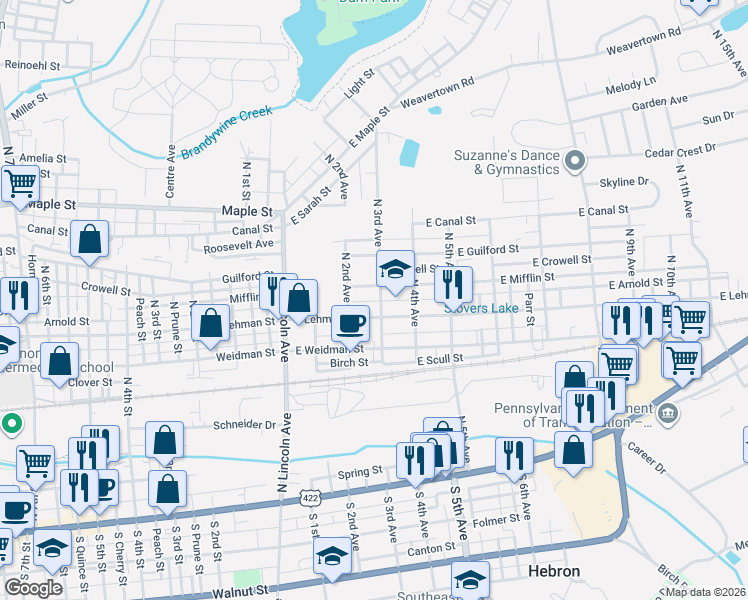 map of restaurants, bars, coffee shops, grocery stores, and more near 304 East Mifflin Street in Lebanon