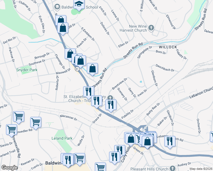 map of restaurants, bars, coffee shops, grocery stores, and more near 526 Missionary Drive in Pittsburgh