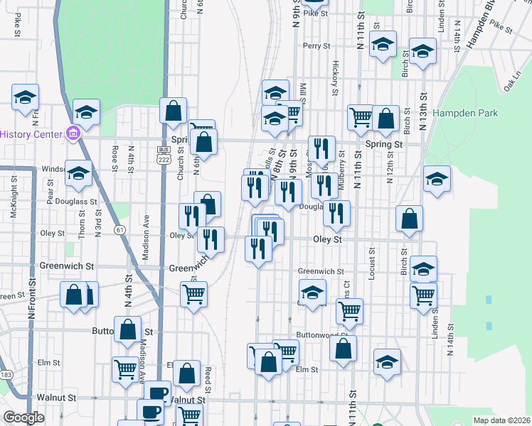 map of restaurants, bars, coffee shops, grocery stores, and more near 756 Lance Place in Reading