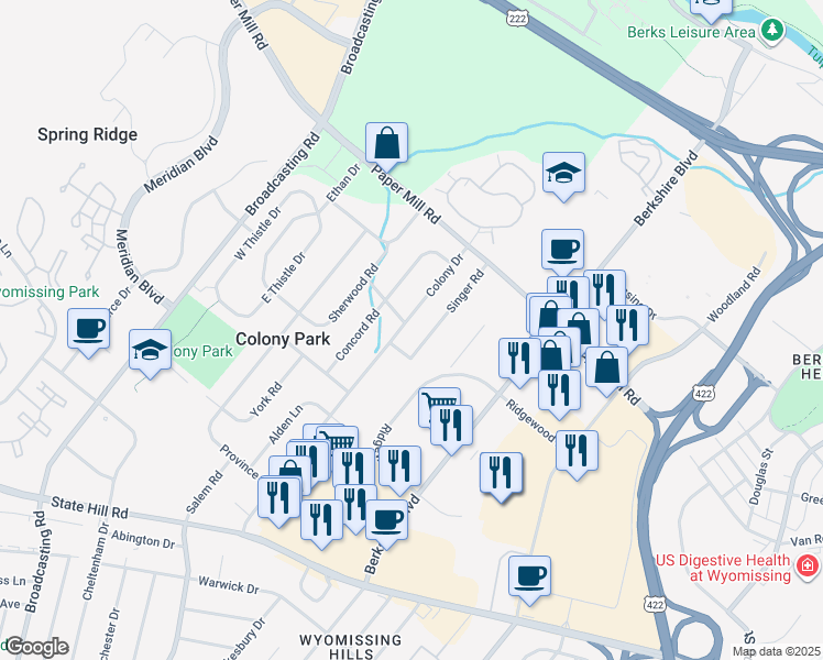 map of restaurants, bars, coffee shops, grocery stores, and more near 1604 Colony Drive in Wyomissing