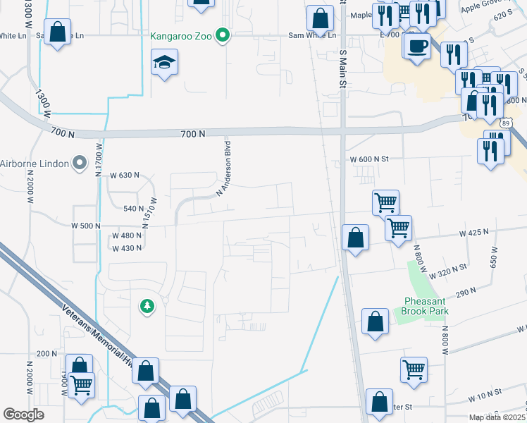 map of restaurants, bars, coffee shops, grocery stores, and more near 1309 West Sweet Corn Lane in Lindon