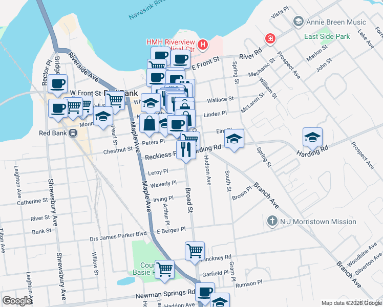 map of restaurants, bars, coffee shops, grocery stores, and more near 157 Broad Street in Red Bank