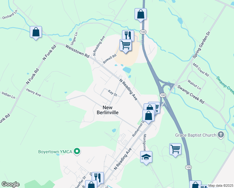 map of restaurants, bars, coffee shops, grocery stores, and more near 257 Landis Ln in Boyertown