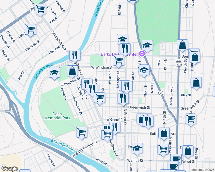 map of restaurants, bars, coffee shops, grocery stores, and more near 731 Weiser Street in Reading
