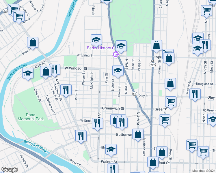 map of restaurants, bars, coffee shops, grocery stores, and more near 743 Pear Street in Reading