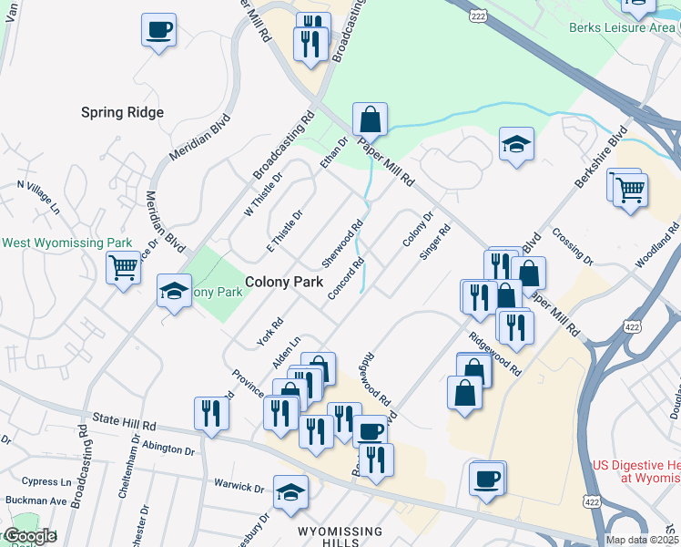 map of restaurants, bars, coffee shops, grocery stores, and more near 1620 Concord Rd in Wyomissing