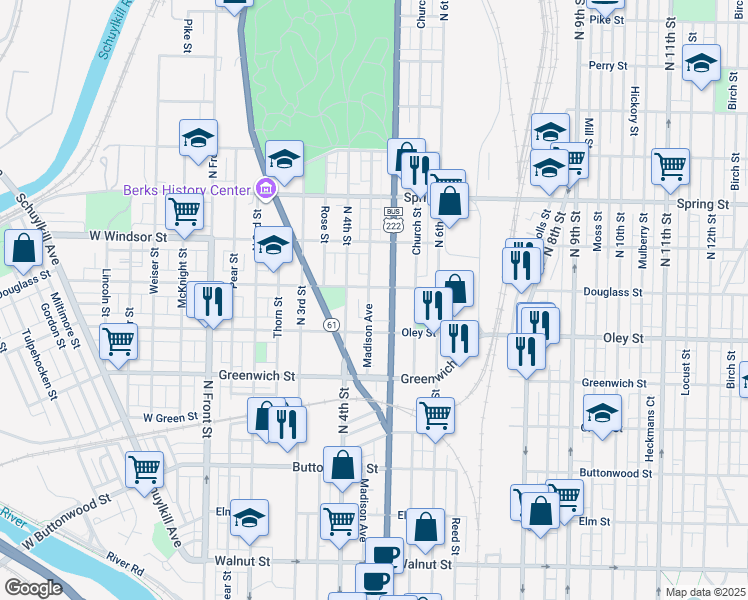 map of restaurants, bars, coffee shops, grocery stores, and more near 733 Madison Avenue in Reading
