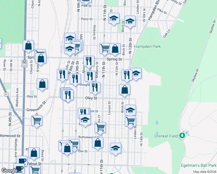 map of restaurants, bars, coffee shops, grocery stores, and more near 1114 Douglass Street in Reading