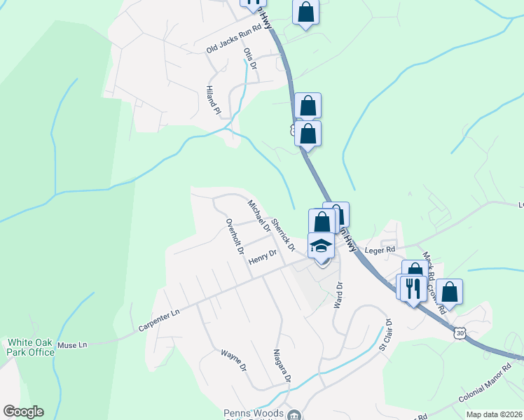 map of restaurants, bars, coffee shops, grocery stores, and more near 14245 Michael Drive in Irwin